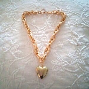 Goldtone Floating Heart on Large Double Rolo Chain Statement Necklace